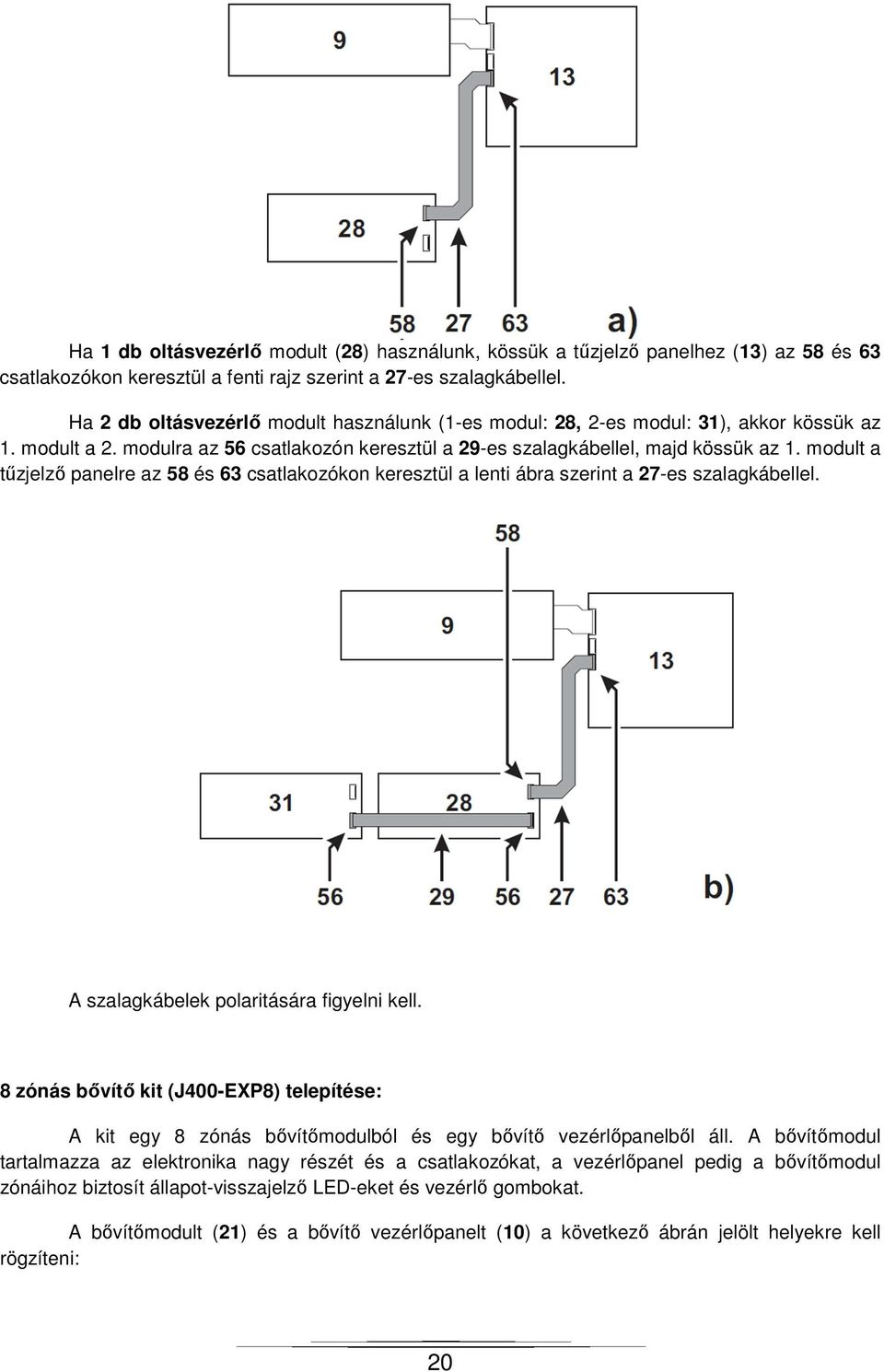 modult a tűzjelző panelre az 58 és 63 csatlakozókon keresztül a lenti ábra szerint a 27-es szalagkábellel. A szalagkábelek polaritására figyelni kell.