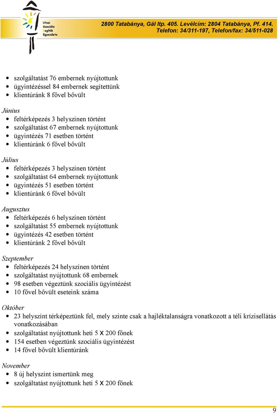 feltérképezés 6 helyszínen történt szolgáltatást 55 embernek nyújtottunk ügyintézés 42 esetben történt klientúránk 2 fővel bővült Szeptember feltérképezés 24 helyszínen történt szolgáltatást