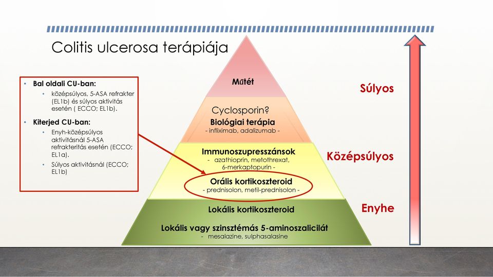 Biológiai terápia - infliximab, adalizumab - Immunoszupresszánsok - azathioprin, metothrexat, 6-merkaptopurin - Orális kortikoszteroid -