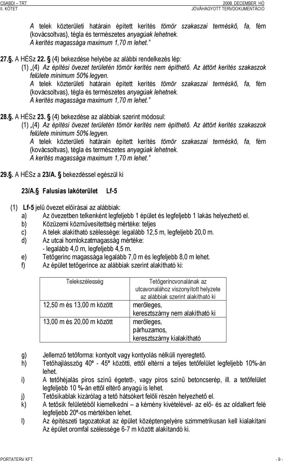 A telek közterületi határain épített kerítés tömör szakaszai terméskő, fa, fém (kovácsoltvas), tégla és természetes anyagúak lehetnek. 28.. A HÉSz 23.