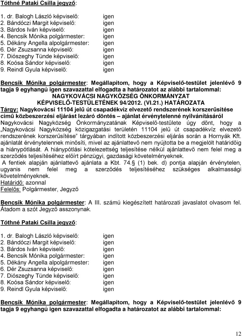 Reindl Gyula képviselő: igen Bencsik Mónika polgármester: Megállapítom, hogy a Képviselő-testület jelenlévő 9 tagja 9 egyhangú igen szavazattal elfogadta a határozatot az alábbi tartalommal: