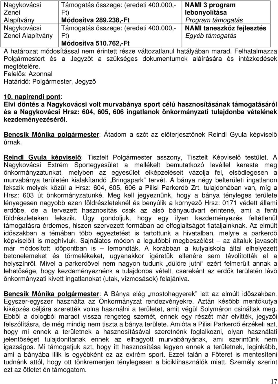 Felhatalmazza Polgármestert és a Jegyzőt a szükséges dokumentumok aláírására és intézkedések megtételére. Felelős: Azonnal Határidő: Polgármester, Jegyző 10.