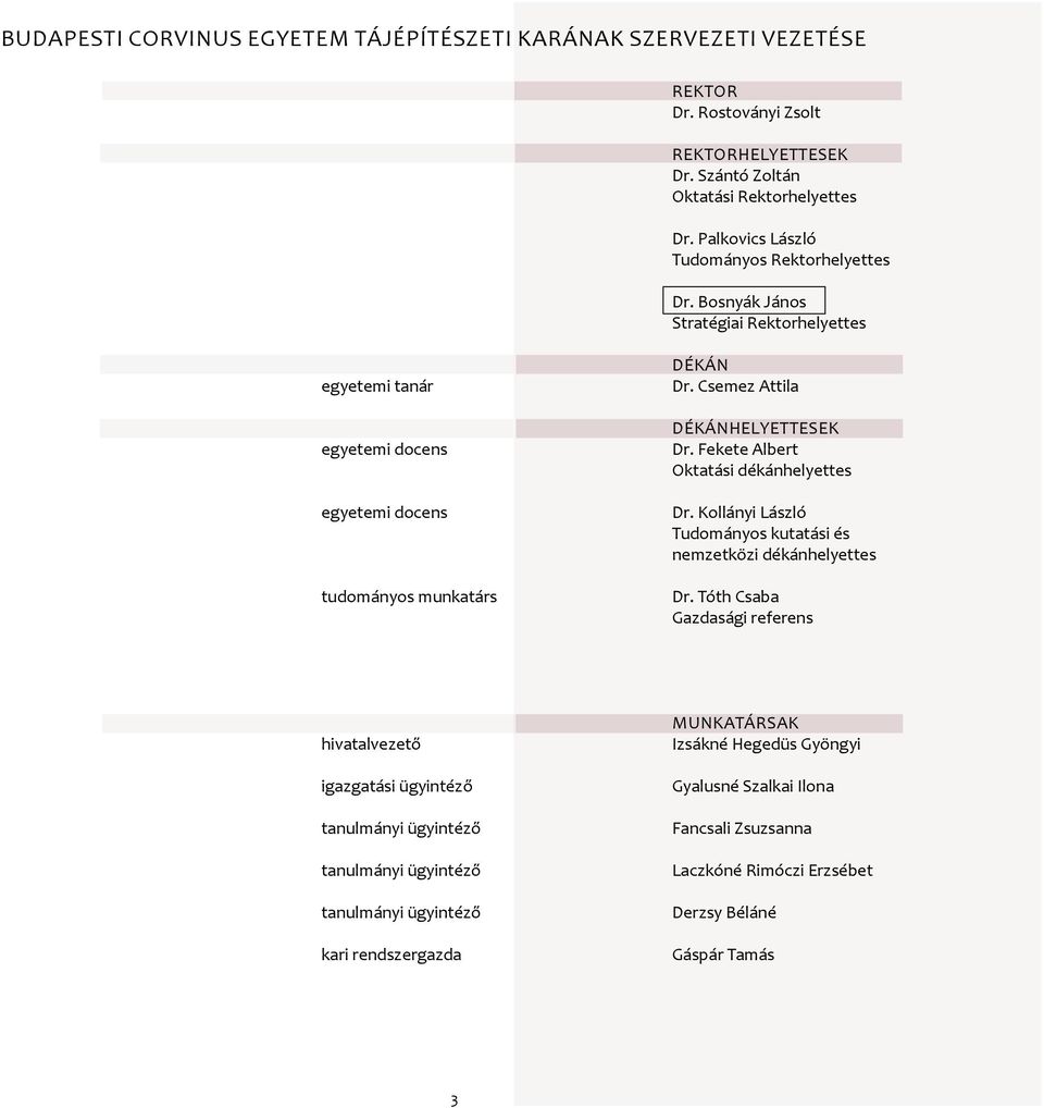 Csemez Attila Dékánhelyettesek Dr. Fekete Albert Oktatási dékánhelyettes Dr. Kollányi László Tudományos kutatási és nemzetközi dékánhelyettes Dr.