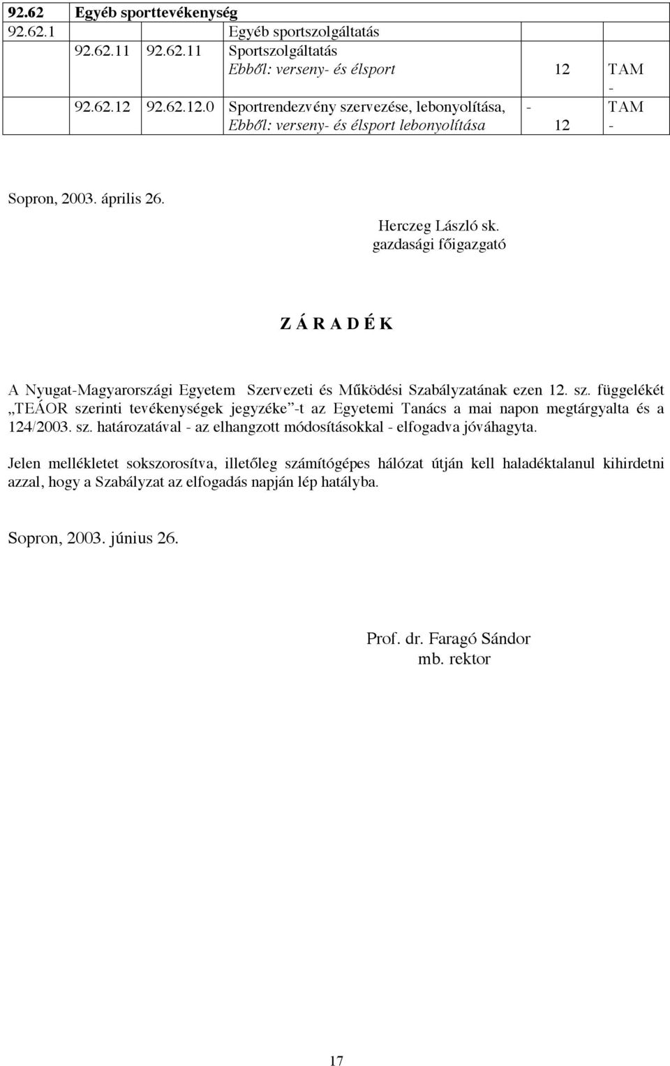 függelékét TEÁOR szerinti tevékenységek jegyzéke -t az Egyetemi Tanács a mai napon megtárgyalta és a 4/2003. sz. határozatával - az elhangzott módosításokkal - elfogadva jóváhagyta.