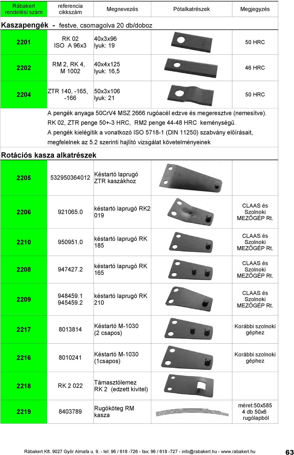 RK 02, ZTR penge 50+-3 HRC, RM2 penge 44-48 HRC keménységű. A pengék kielégítik a vonatkozó ISO 5718-1 (DIN 11250) szabvány előírásait, megfelelnek az 5.