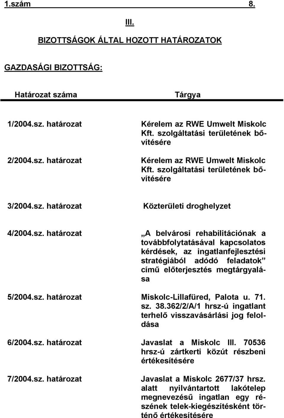 sz. határozat Miskolc-Lillafüred, Palota u. 71. sz. 38.362/2/A/1 hrsz-ú ingatlant terhelő visszavásárlási jog feloldása 6/2004.sz. határozat Javaslat a Miskolc III.