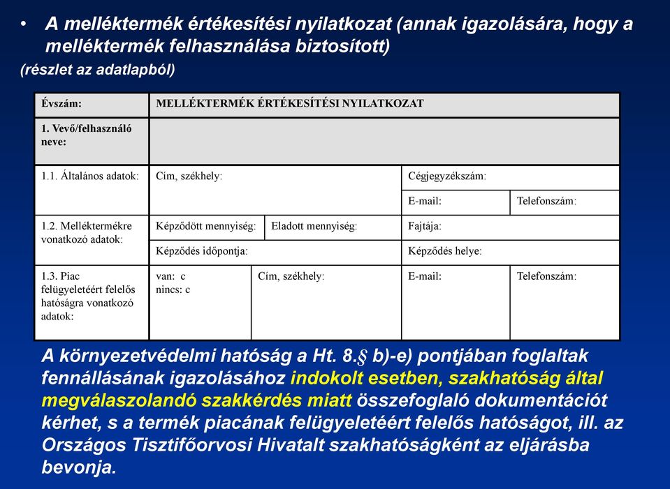 Melléktermékre vonatkozó adatok: Képződött mennyiség: Eladott mennyiség: Fajtája: Képződés időpontja: Képződés helye: 1.3.