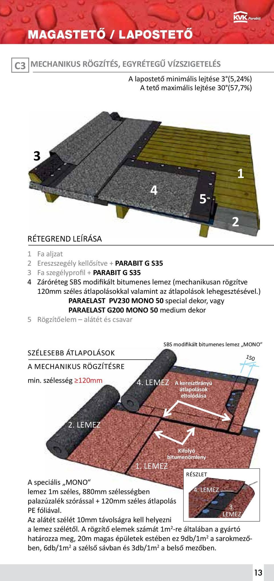 ) PARAELAST PV230 MONO 50 special dekor, vagy PARAELAST G200 MONO 50 medium dekor 5 Rögzítőelem alátét és csavar 4 5 2 1 Szélesebb átlapolások a mechanikus rögzítésre min. szélesség 120mm 4.