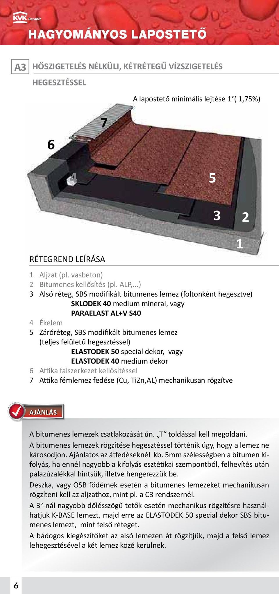 ..) 3 Alsó réteg, SBS modifikált bitumenes lemez (foltonként hegesztve) SKLODEK 40 medium mineral, vagy PARAELAST AL+V S40 4 Ékelem 5 Záróréteg, SBS modifikált bitumenes lemez (teljes felületű