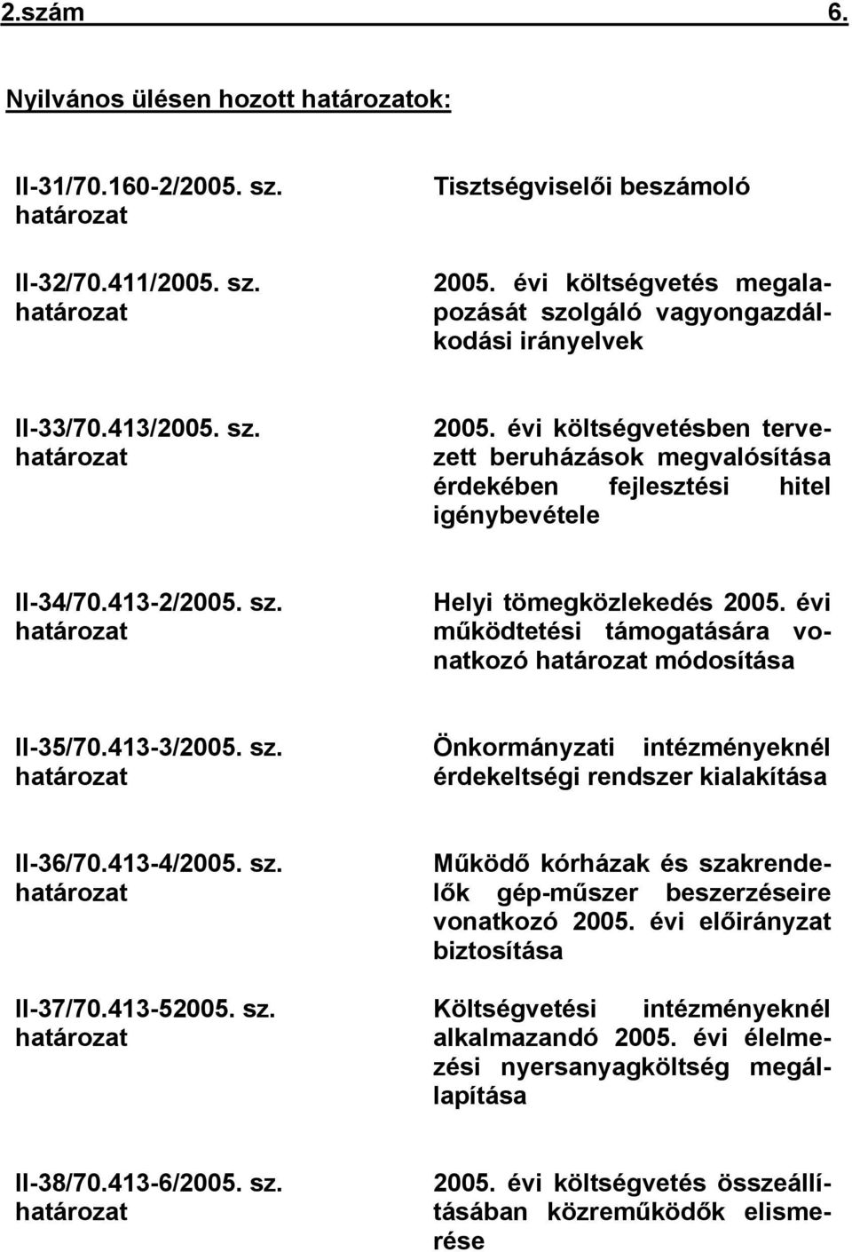 évi költségvetésben tervezett beruházások megvalósítása érdekében fejlesztési hitel igénybevétele II34/70.4132/2005. sz. határozat Helyi tömegközlekedés 2005.