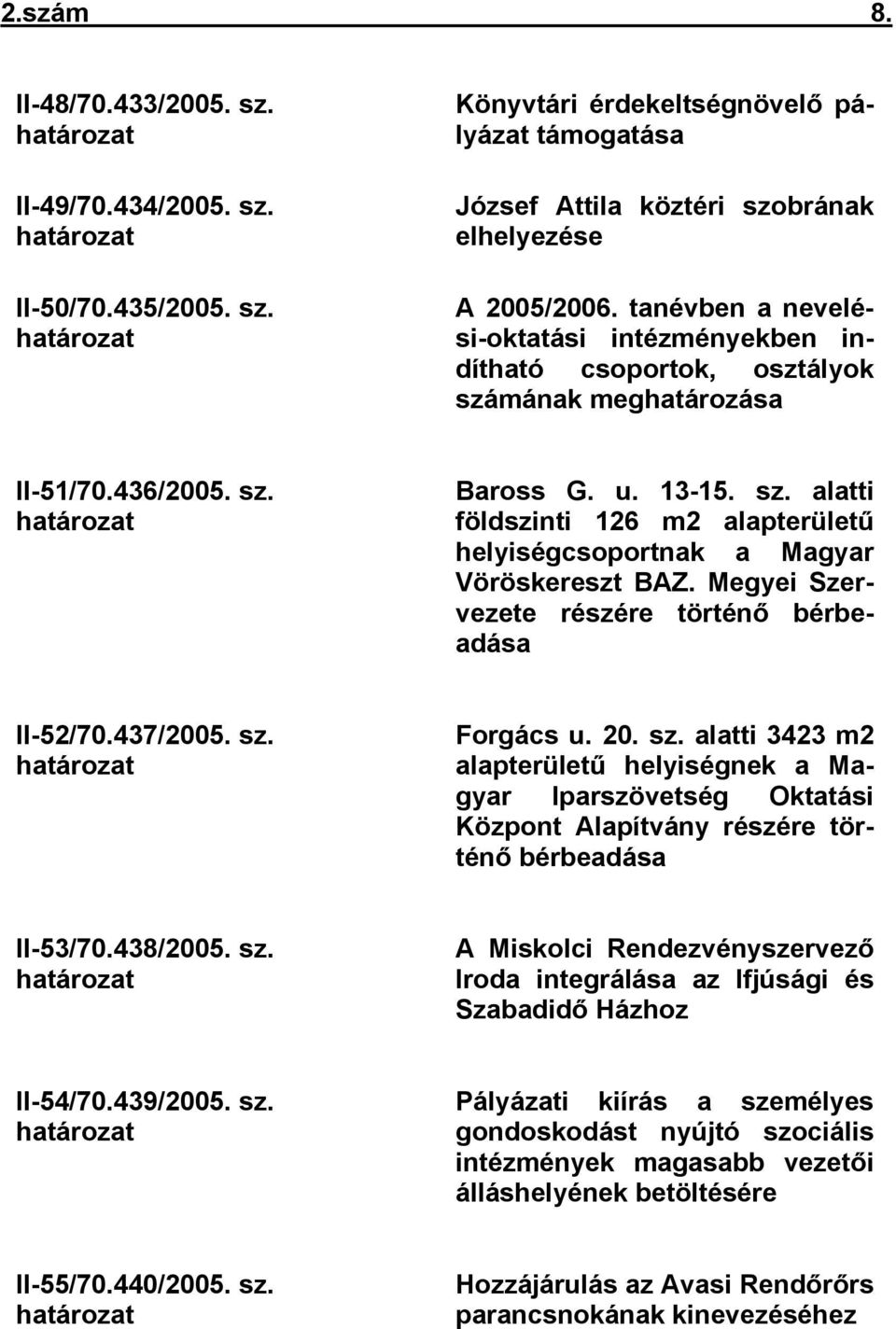 Megyei Szervezete részére történő bérbeadása II52/70.437/2005. sz. határozat Forgács u. 20. sz. alatti 3423 m2 alapterületű helyiségnek a Magyar Iparszövetség Oktatási Központ Alapítvány részére történő bérbeadása II53/70.