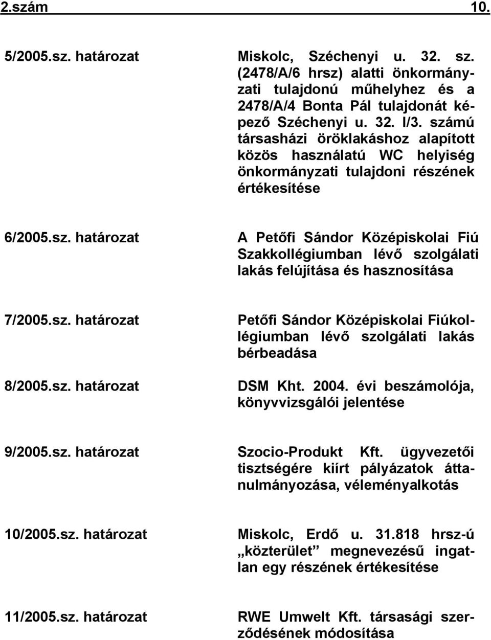 sz. határozat 8/2005.sz. határozat Petőfi Sándor Középiskolai Fiúkollégiumban lévő szolgálati lakás bérbeadása DSM Kht. 2004. évi beszámolója, könyvvizsgálói jelentése 9/2005.sz. határozat SzocioProdukt Kft.