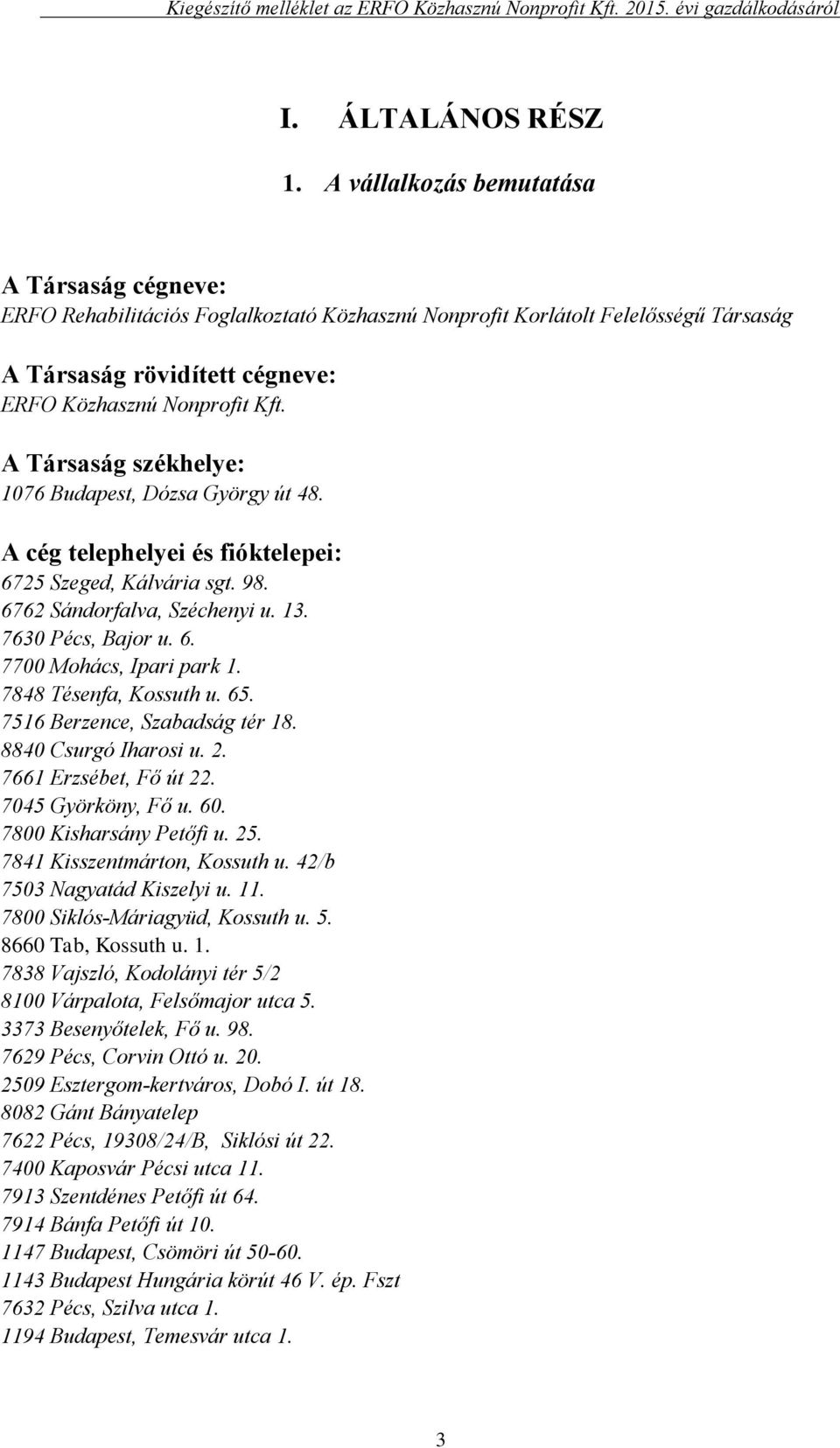 A Társaság székhelye: 1076 Budapest, Dózsa György út 48. A cég telephelyei és fióktelepei: 6725 Szeged, Kálvária sgt. 98. 6762 Sándorfalva, Széchenyi u. 13. 7630 Pécs, Bajor u. 6. 7700 Mohács, Ipari park 1.