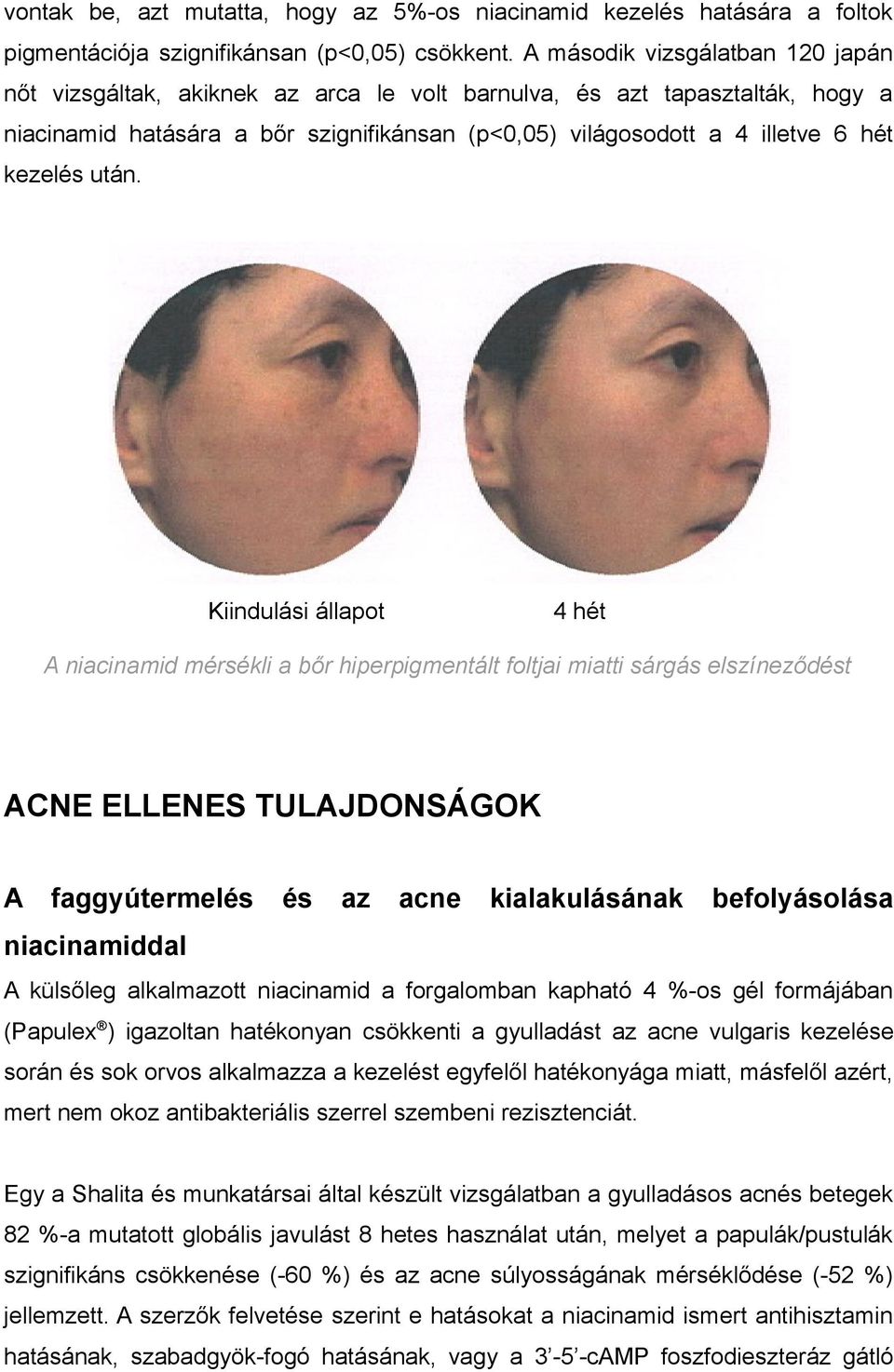 után. Kiindulási állapot 4 hét A niacinamid mérsékli a bőr hiperpigmentált foltjai miatti sárgás elszíneződést ACNE ELLENES TULAJDONSÁGOK A faggyútermelés és az acne kialakulásának befolyásolása