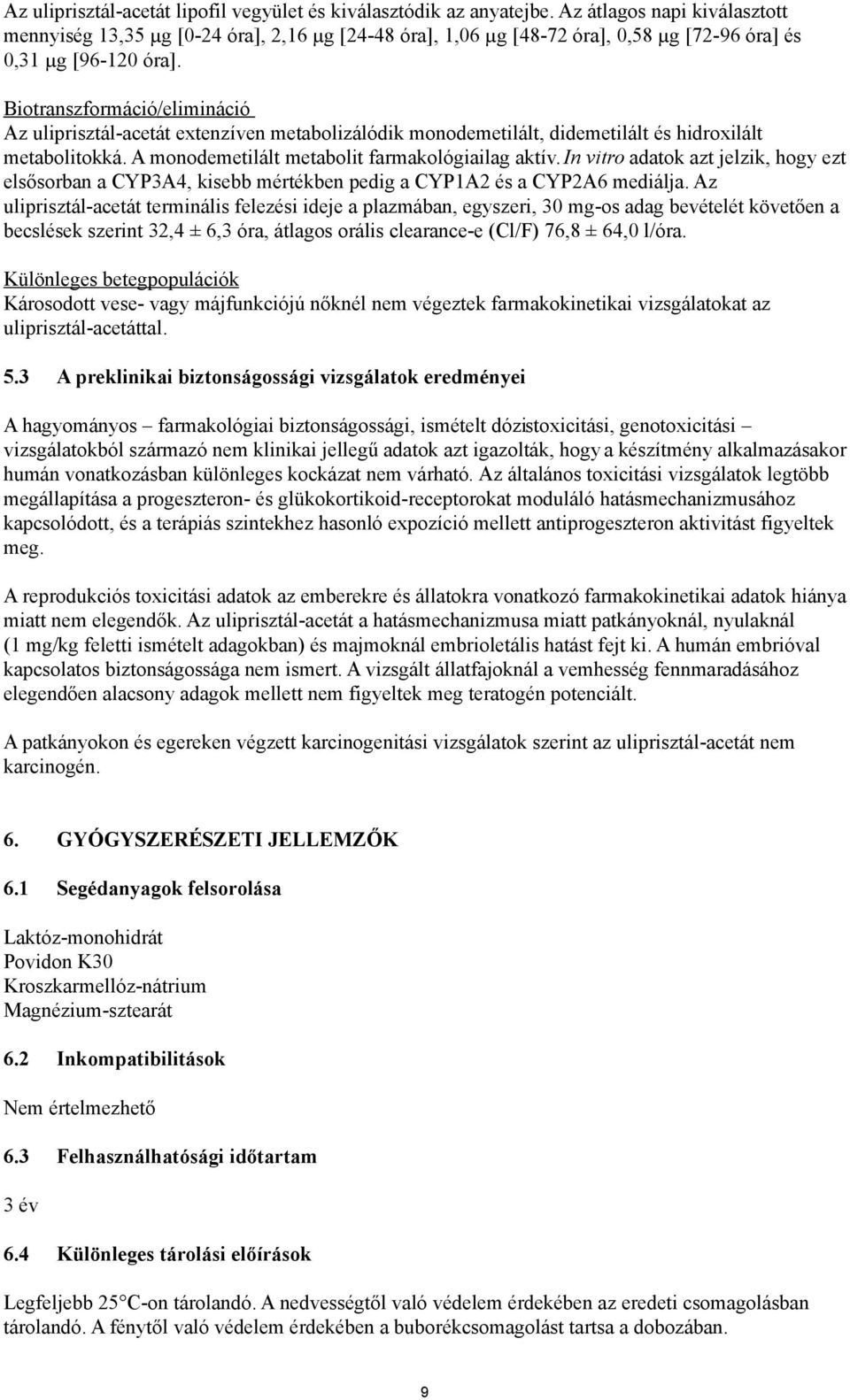 Biotranszformáció /elimináció Az uliprisztál-acetát extenzíven metabolizálódik monodemetilált, didemetilált és hidroxilált metabolitokká. A monodemetilált metabolit farmakológiailag aktív.