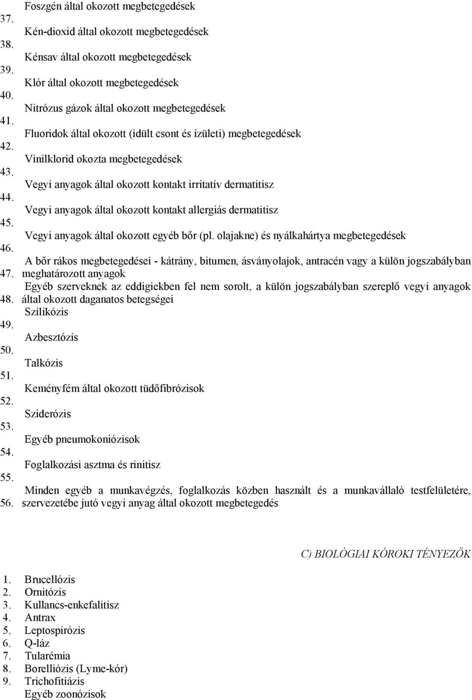 Fluoridok által okozott (idült csont és ízületi) megbetegedések Vinilklorid okozta megbetegedések Vegyi anyagok által okozott kontakt irritatív dermatitisz Vegyi anyagok által okozott kontakt