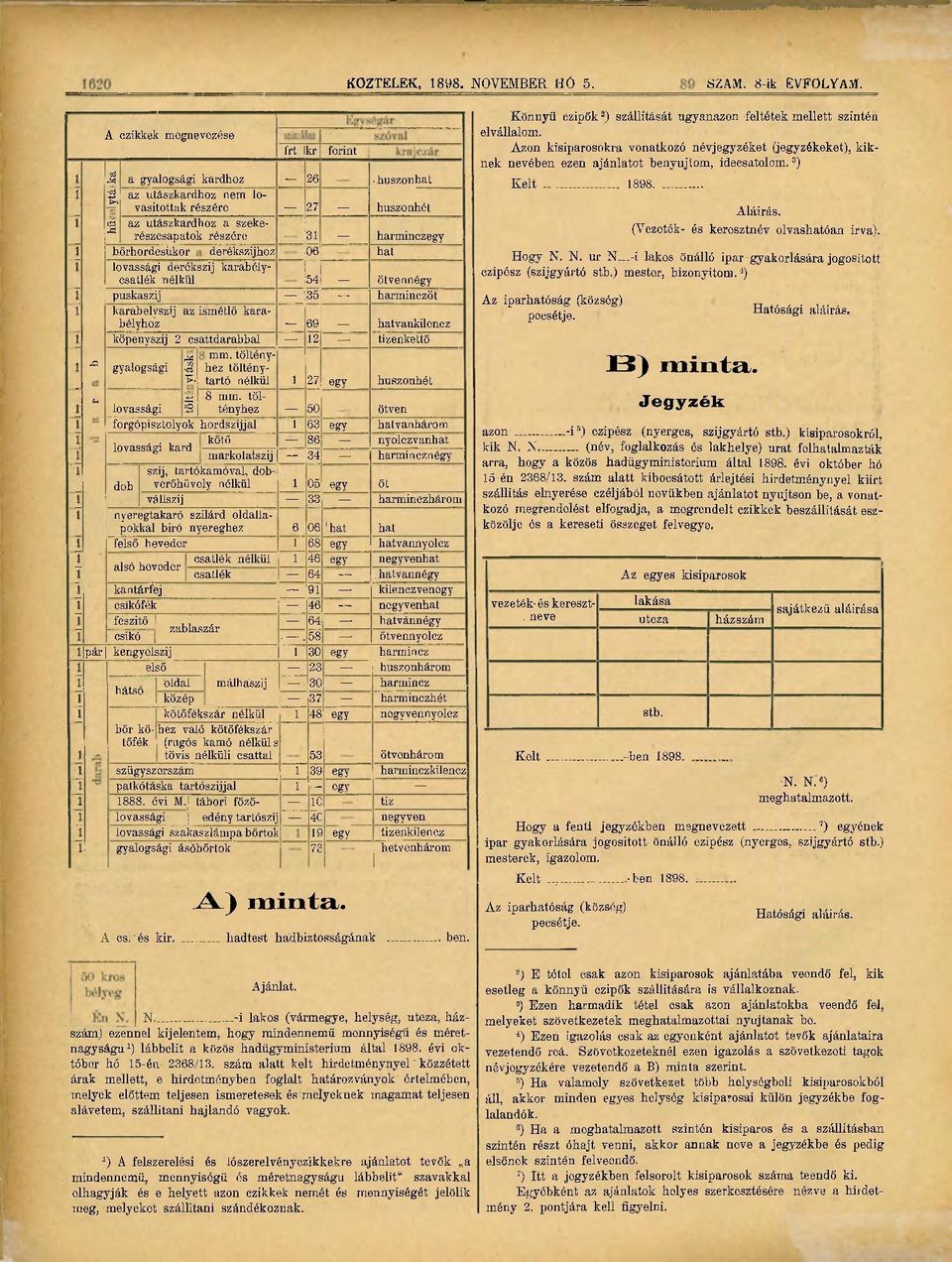 35 harminczöt karabclvszij az ismétlő karabélyhoz _ 69 _ hatvankilencz KÖZTELEK, 1898. NOVEMBER HÓ 5. köpenyszij 2 csattdarabbal 12. tizenkettő mm. töltényhez töltény- * gyalogsági t tartó nélkül j.