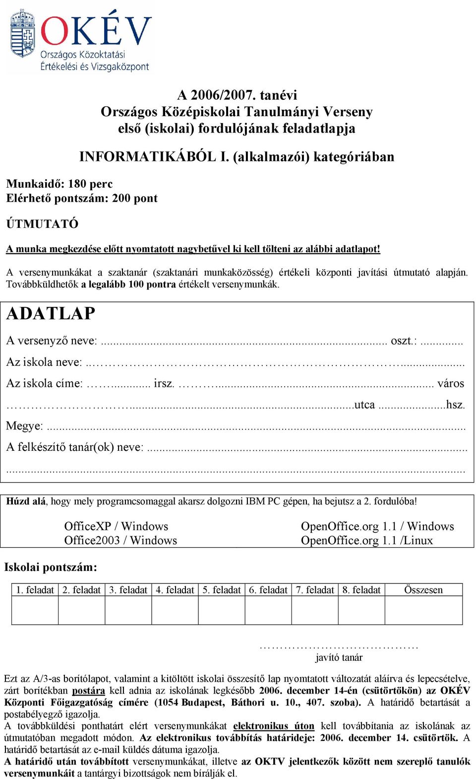 A versenymunkákat a szaktanár (szaktanári munkaközösség) értékeli központi javítási útmutató alapján. Továbbküldhetők a legalább 100 pontra értékelt versenymunkák. ADATLAP A versenyző neve:.