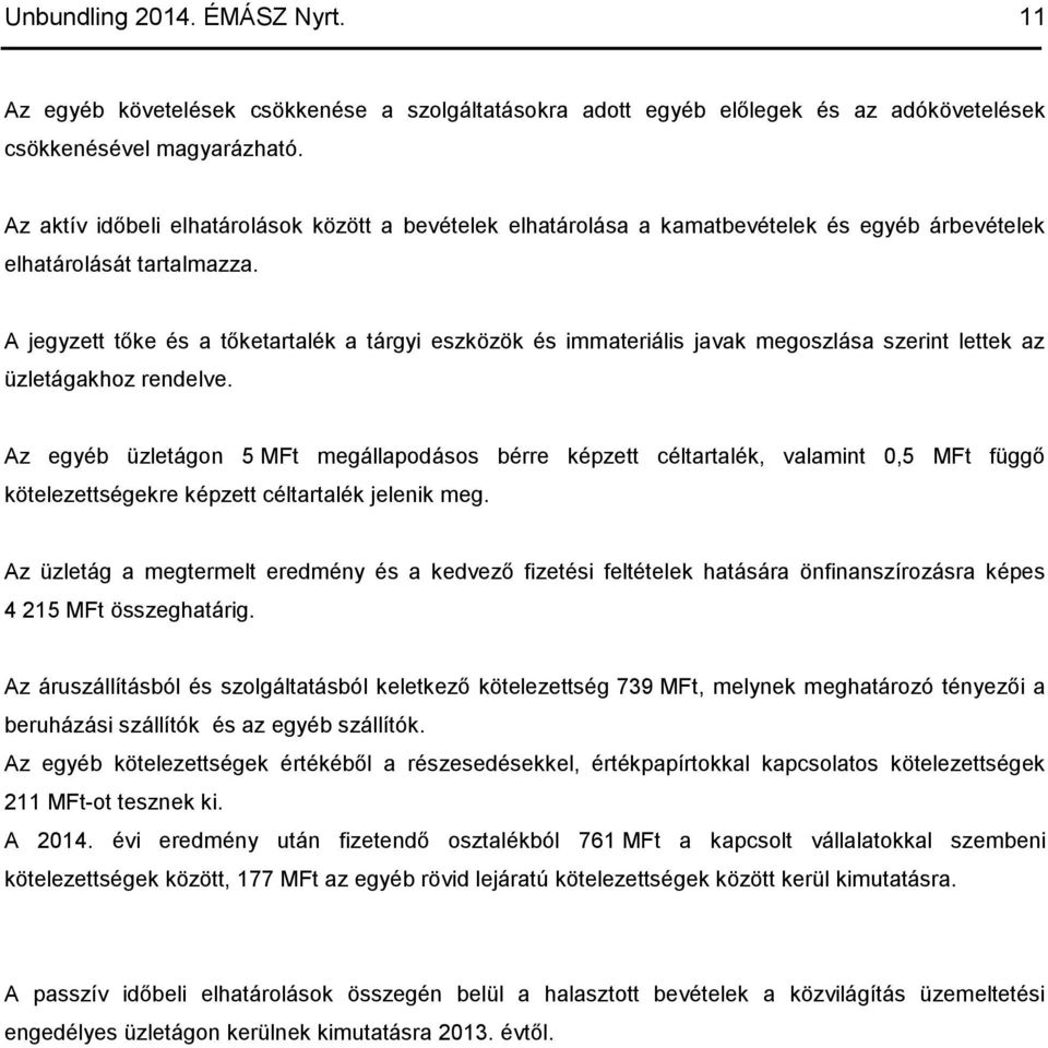 A jegyzett tőke és a tőketartalék a tárgyi eszközök és immateriális javak megoszlása szerint lettek az üzletágakhoz rendelve.