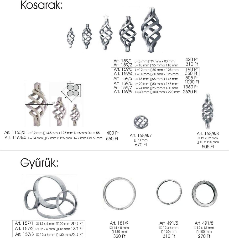 1000 Ft 1360 Ft 2630 Ft Art. 1163/3 L=12 mm 14,5mm x 125 mm D=6mm Dia= 55 Art. 1163/4 L=14 mm 17 mm x 125 mm D=7 mm Dia 60mm 400 Ft 550 Ft Art. 158/B/7 70 mm 670 Ft Art.