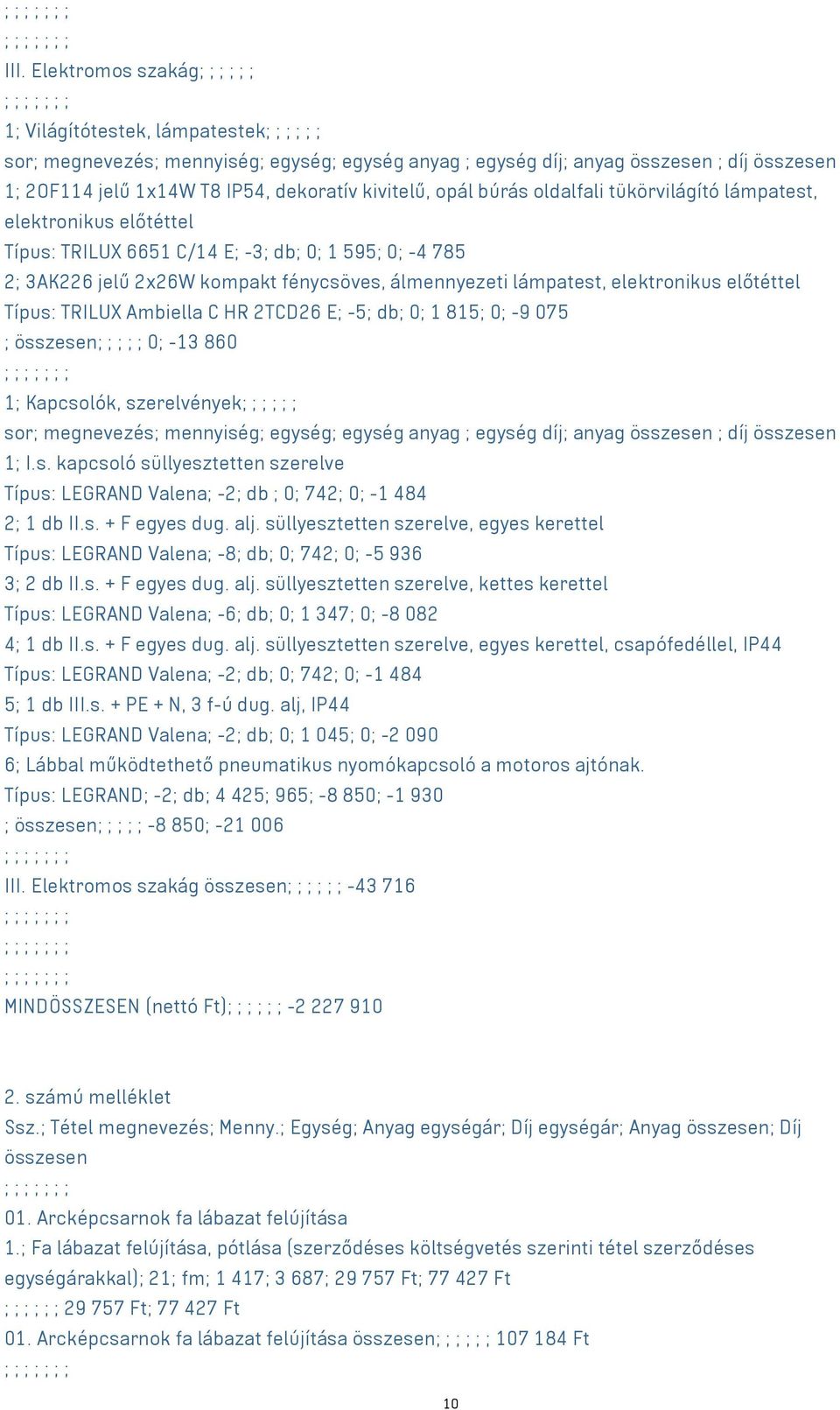 lámpatest, elektronikus előtéttel Típus: TRILUX Ambiella C HR 2TCD26 E; -5; db; 0; 1 815; 0; -9 075 ; összesen; ; ; ; ; 0; -13 860 1; Kapcsolók, szerelvények; ; ; ; ; ; sor; megnevezés; mennyiség;