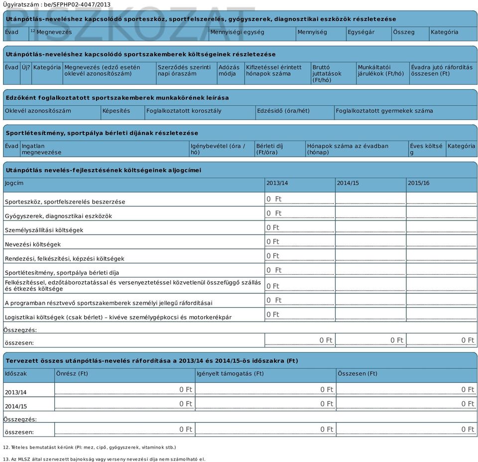 Kategória Megnevezés (edző esetén oklevél azonosítószám) Szerződés szerinti napi óraszám Adózás módja Kifizetéssel érintett hónapok száma Bruttó juttatások (Ft/hó) Munkáltatói járulékok (Ft/hó)