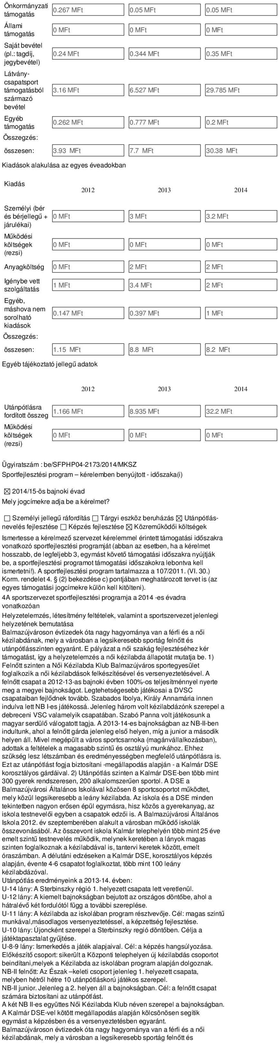 38 MFt Kiadások alakulása az egyes éveadokban Kiadás 2012 2013 2014 Személyi (bér és bérjellegű + 0 MFt 3 MFt 3.