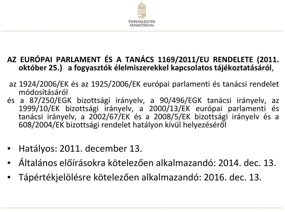 87/250/EGK bizottsági irányelv, a 90/496/EGK tanácsi irányelv, az 1999/10/EK bizottsági irányelv, a 2000/13/EK európai parlamenti és tanácsi irányelv, a