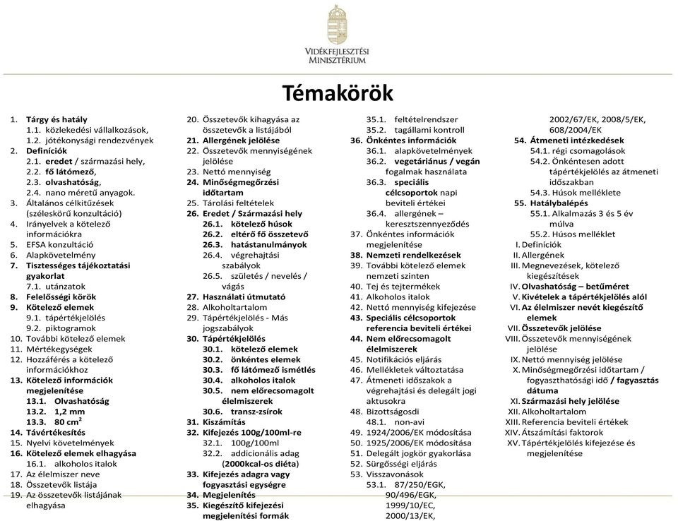 Felelősségi körök 9. Kötelező elemek 9.1. tápértékjelölés 9.2. piktogramok 10. További kötelező elemek 11. Mértékegységek 12. Hozzáférés a kötelező információkhoz 13.