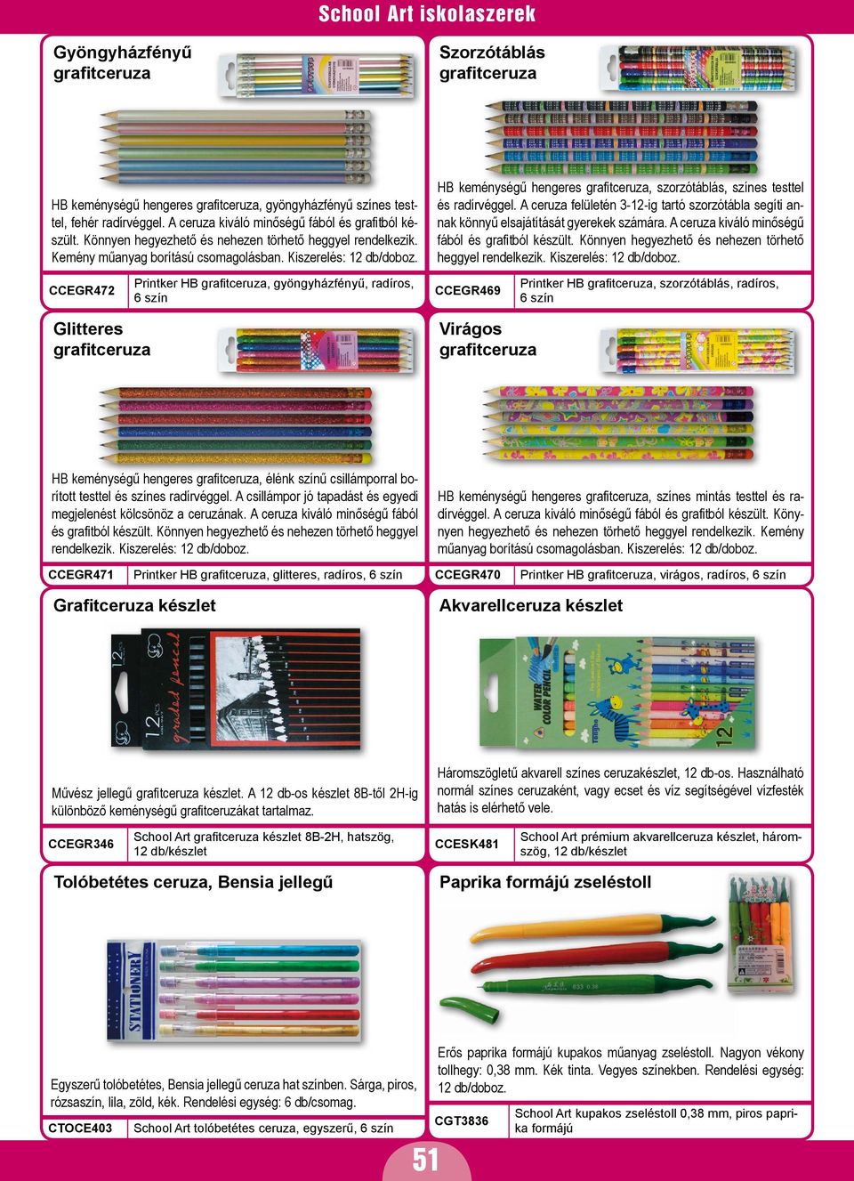 HB keménységű hengeres grafitceruza, szorzótáblás, színes testtel és radírvéggel. A ceruza felületén 3-12-ig tartó szorzótábla segíti annak könnyű elsajátítását gyerekek számára.