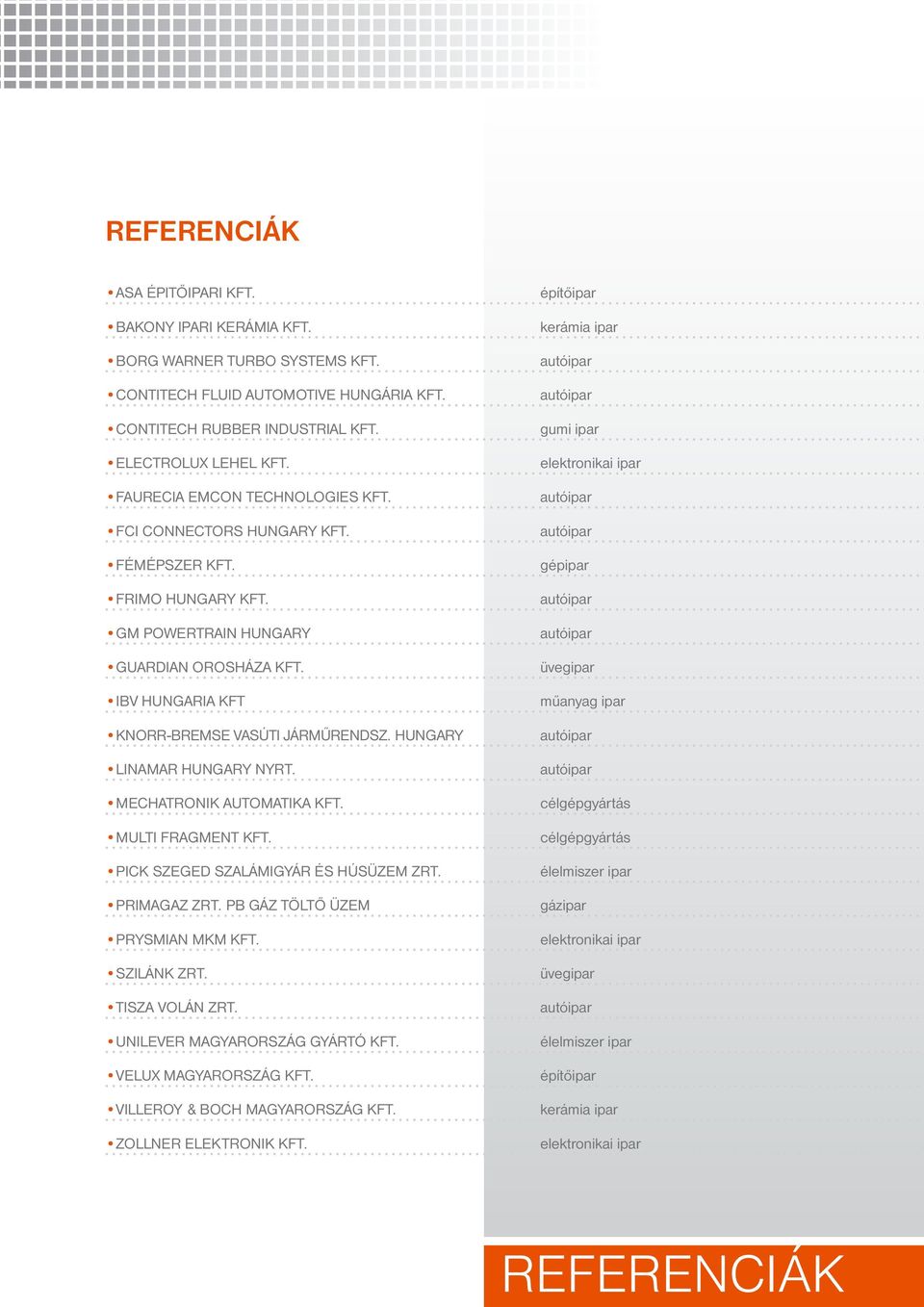 HUNGARY LINAMAR HUNGARY NYRT. MECHATRONIK AUTOMATIKA KFT. MULTI FRAGMENT Kft. PICK SZEGED SZALÁMIGYÁR ÉS HÚSÜZEM ZRT. PRIMAGAZ ZRT. PB gáz TÖltŐ Üzem PRYSMIAN MKM KFT. SZILÁNK ZRT. TISZA VOLÁN ZRT.
