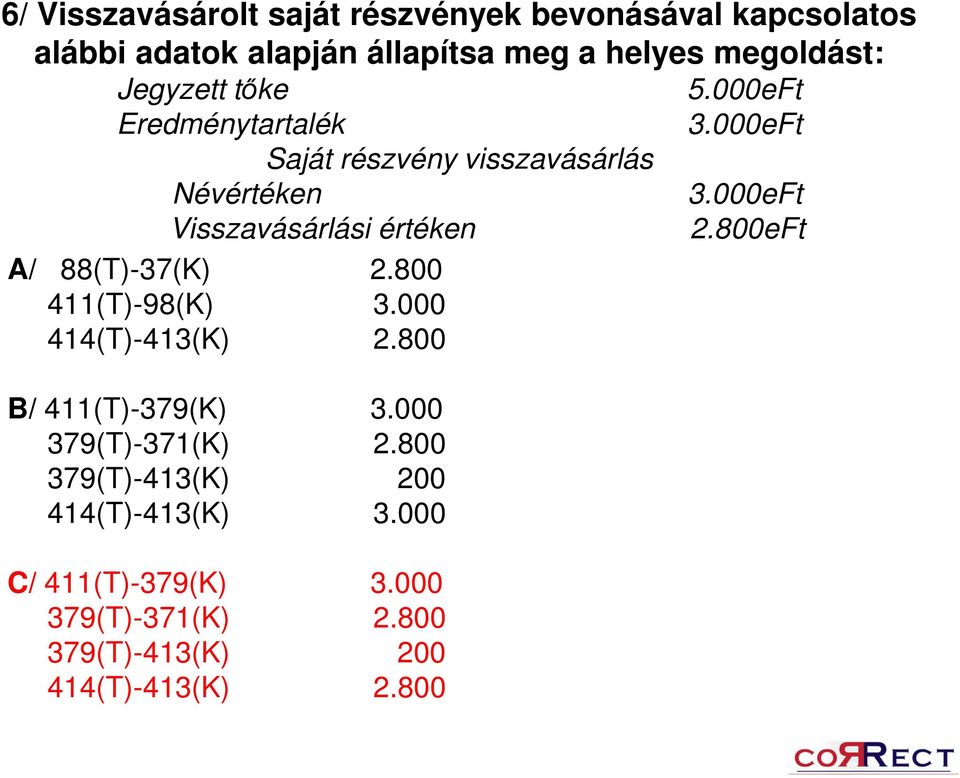 000eFt Visszavásárlási értéken 2.800eFt A/ 88(T)-37(K) 2.800 411(T)-98(K) 3.000 414(T)-413(K) 2.