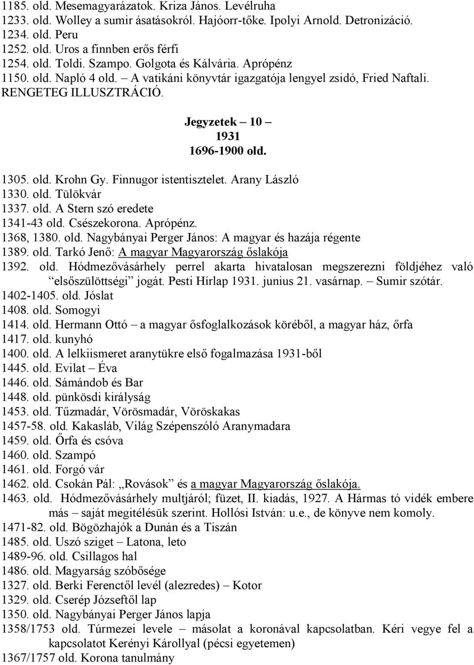 Finnugor istentisztelet. Arany László 1330. old. Tülökvár 1337. old. A Stern szó eredete 1341-43 old. Csészekorona. Aprópénz. 1368, 1380. old. Nagybányai Perger János: A magyar és hazája régente 1389.