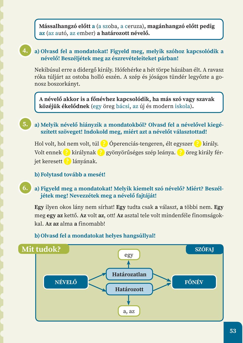 A szép és jóságos tündér legyőzte a gonosz boszorkányt. A névelő akkor is a főnévhez kapcsolódik, ha más szó vagy szavak közéjük ékelődnek (egy öreg bácsi, az új és modern iskola). 5.