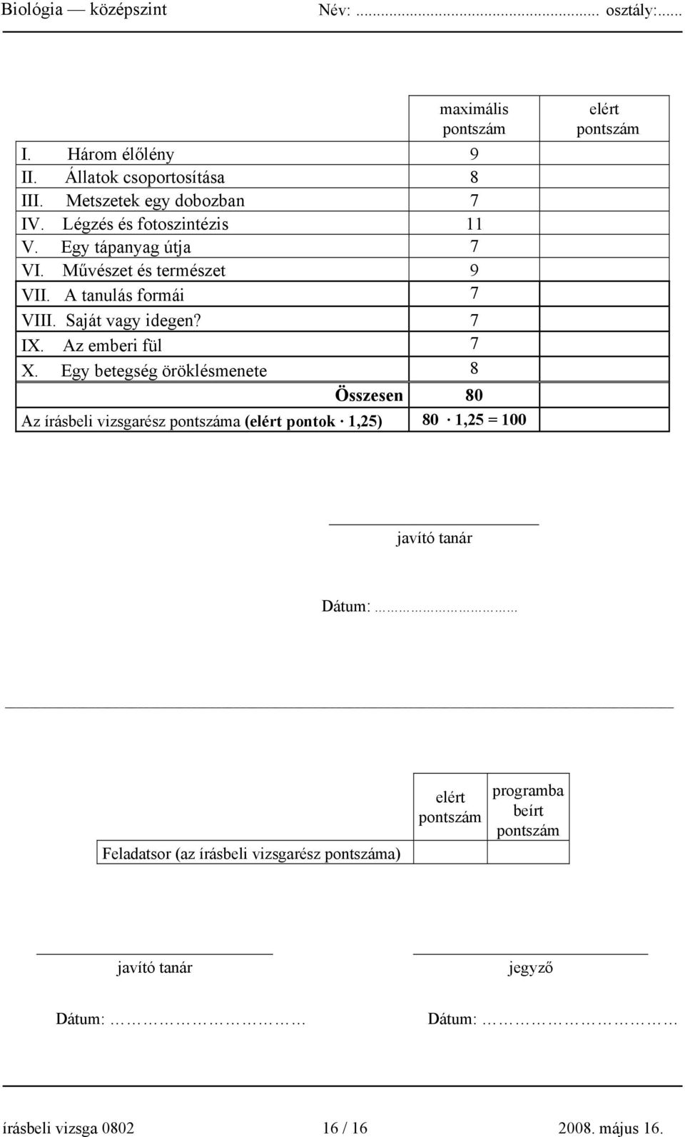 Egy betegség öröklésmenete 8 Összesen 80 Az írásbeli vizsgarész pontszáma (elért pontok 1,25) 80 1,25 = 100 elért pontszám javító tanár