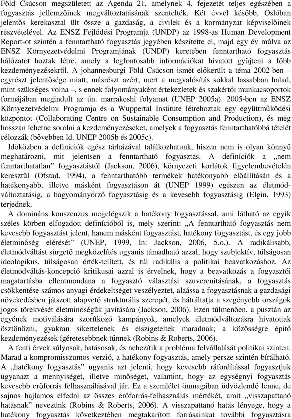 Az ENSZ Fejlődési Programja (UNDP) az 1998-as Human Development Report-ot szintén a fenntartható fogyasztás jegyében készítette el, majd egy év múlva az ENSZ Környezetvédelmi Programjának (UNDP)