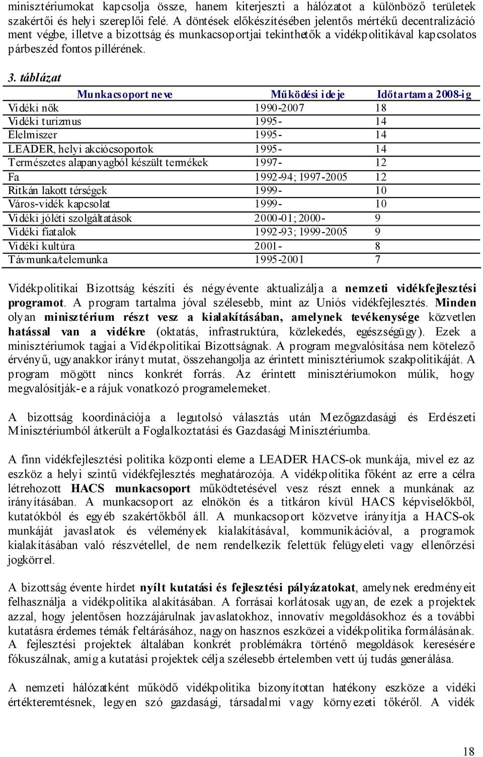 táblázat Munkacsoport neve Működési ideje Időtartama 2008-ig Vidéki nők 1990-2007 18 Vidéki turizmus 1995-14 Élelmiszer 1995-14 LEADER, helyi akciócsoportok 1995-14 Természetes alapanyagból készült