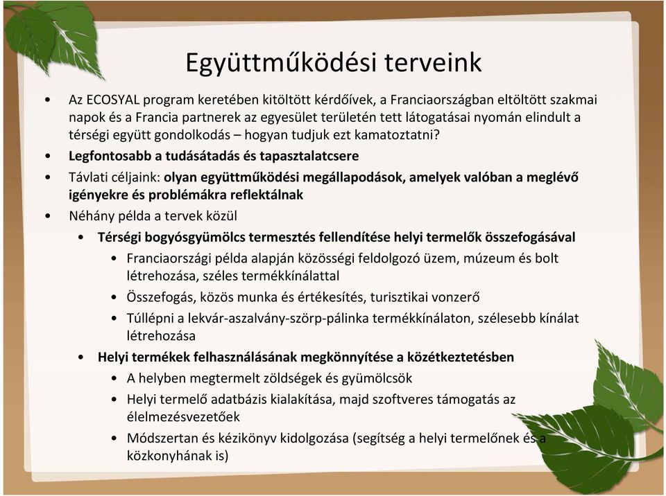 Legfontosabb a tudásátadás és tapasztalatcsere Távlati céljaink: olyan együttműködési megállapodások, amelyek valóban a meglévő igényekre és problémákra reflektálnak Néhány példa a tervek közül