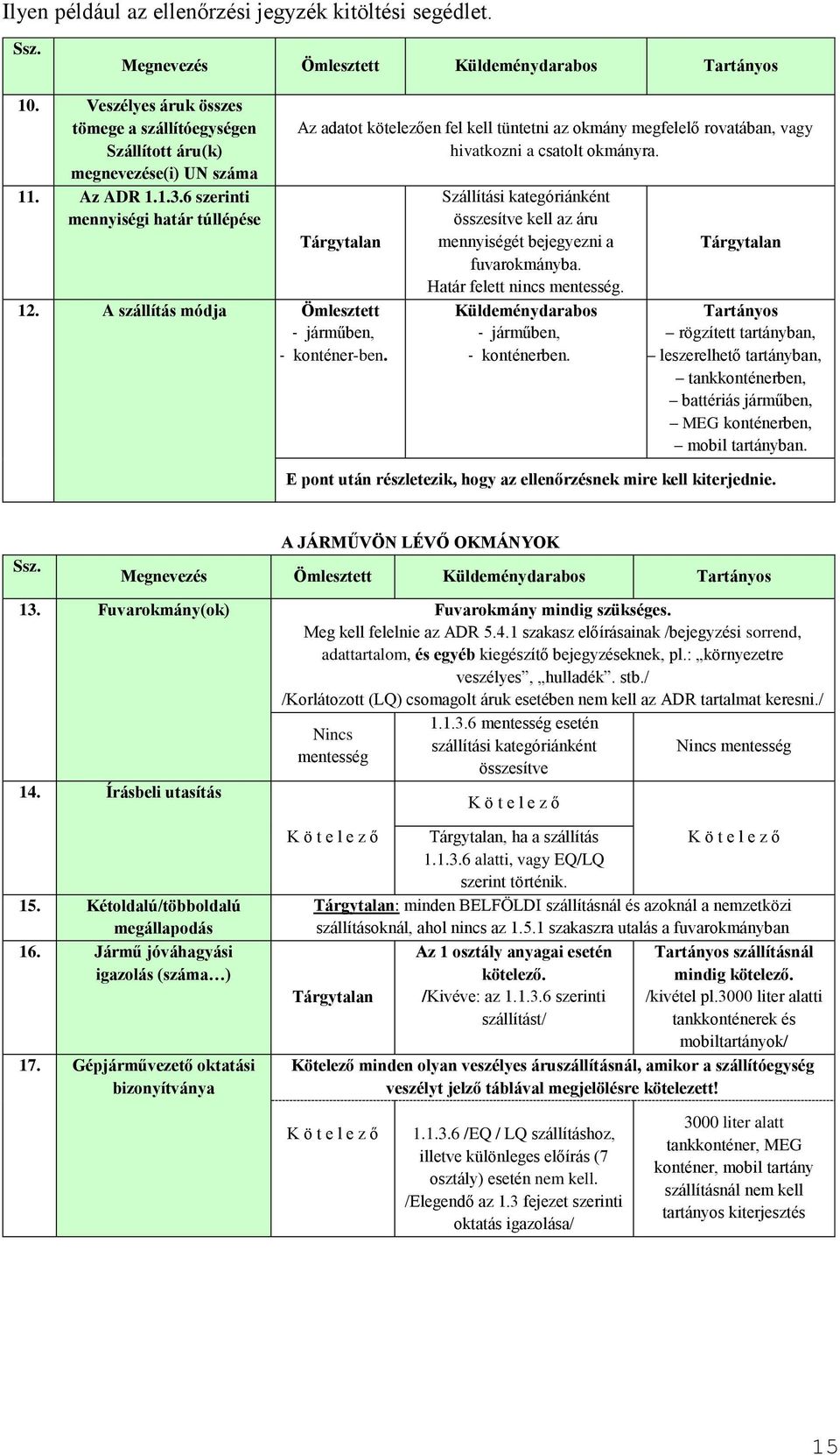 6 szerinti mennyiségi határ túllépése Az adatot kötelezően fel kell tüntetni az okmány megfelelő rovatában, vagy hivatkozni a csatolt okmányra. Tárgytalan 12.