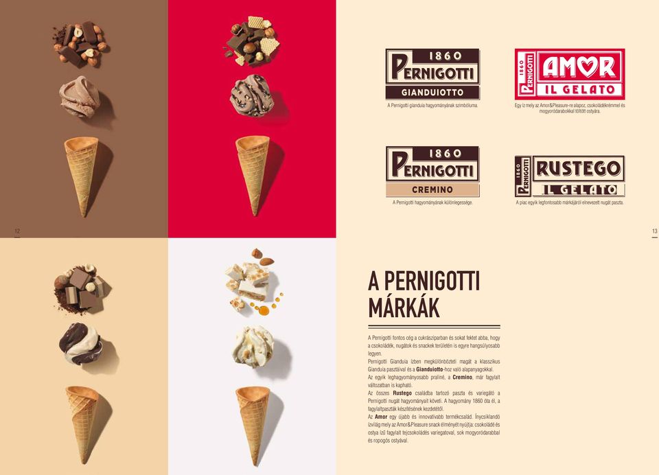 12 13 A PERNIGOTTI MÁRKÁK A Pernigotti fontos cég a cukrásziparban és sokat fektet abba, hogy a csokoládék, nugátok és snackek területén is egyre hangsúlyosabb legyen.