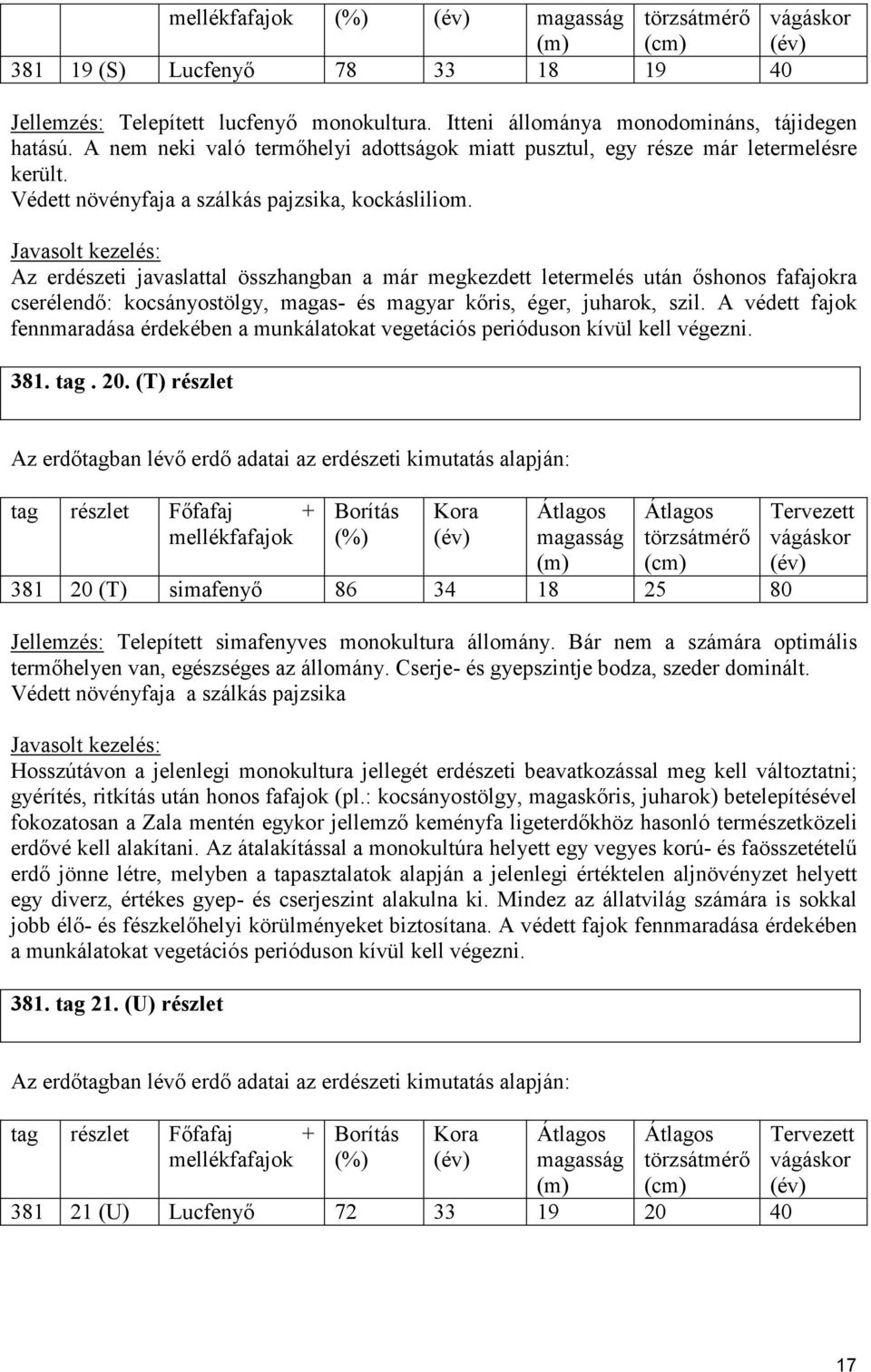 Az erdészeti javaslattal összhangban a már megkezdett letermelés után ıshonos fafajokra cserélendı: kocsányostölgy, magas- és magyar kıris, éger, juharok, szil.