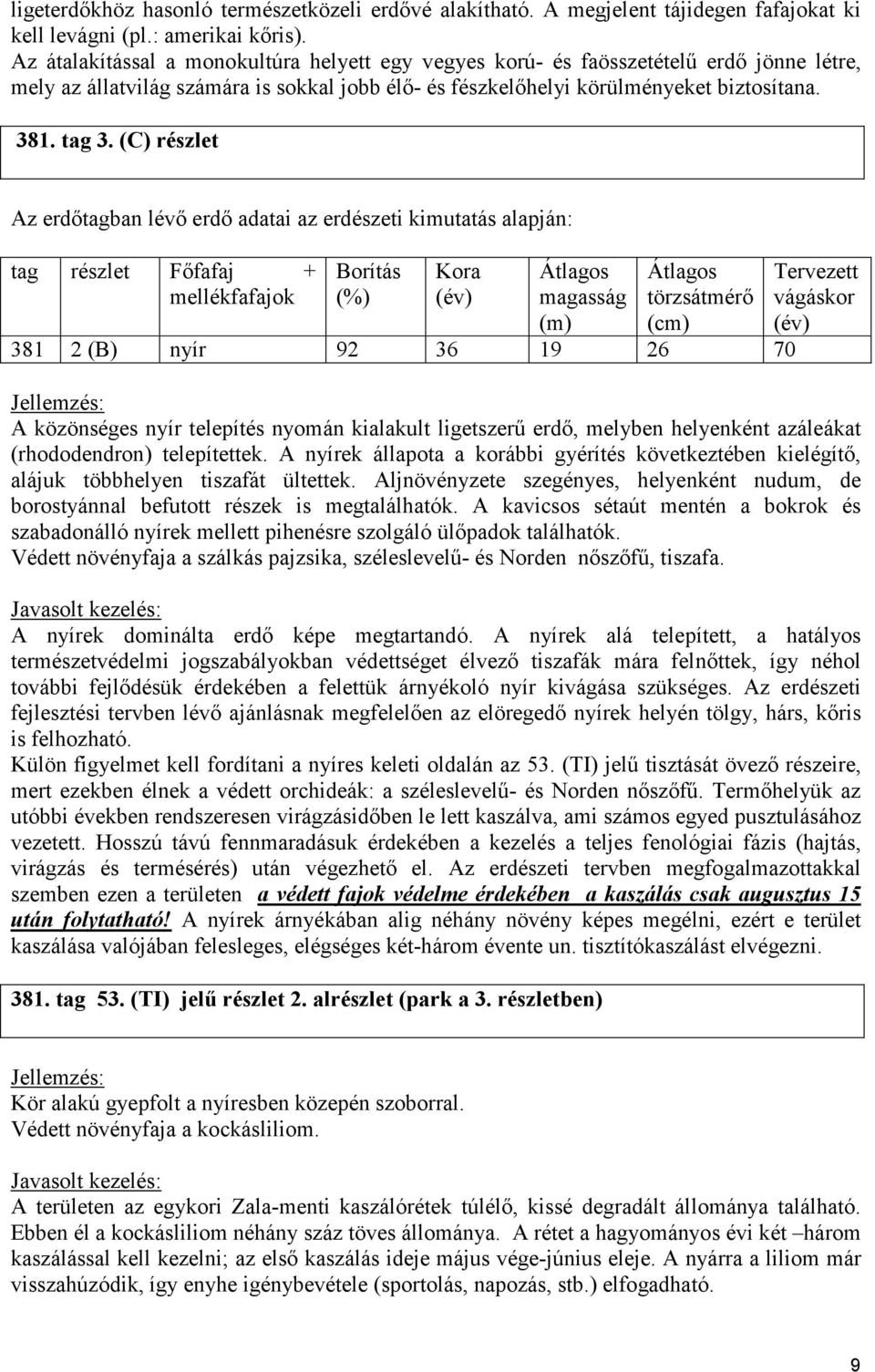 (C) részlet 381 2 (B) nyír 92 36 19 26 70 Jellemzés: A közönséges nyír telepítés nyomán kialakult ligetszerő erdı, melyben helyenként azáleákat (rhododendron) telepítettek.