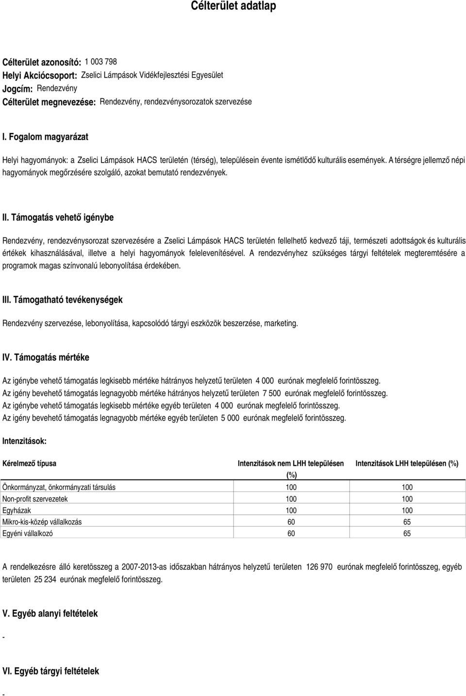 A térségre jellemző népi hagyományok megőrzésére szolgáló, azokat bemutató rendezvények. II.