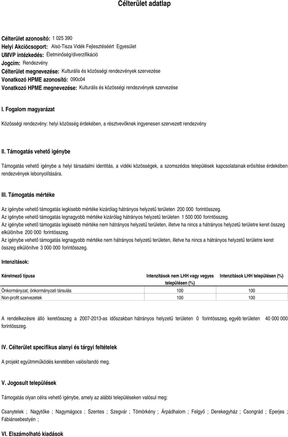 Fogalom magyarázat Közösségi rendezvény: helyi közösség érdekében, a résztvevőknek ingyenesen szervezett rendezvény II.