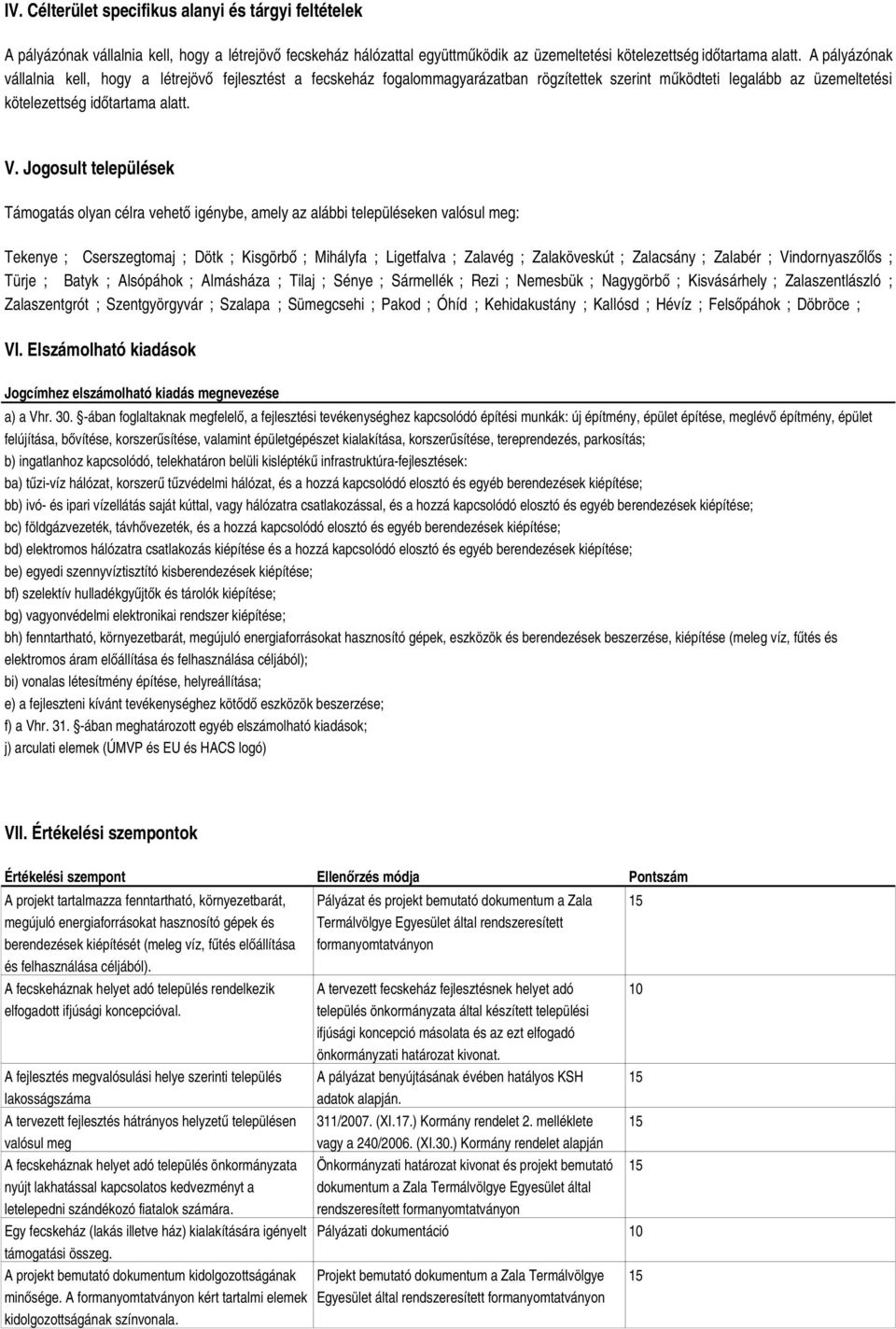 Jogosult települések Támogatás olyan célra vehető igénybe, amely az alábbi településeken valósul meg: Tekenye ; Cserszegtomaj ; Dötk ; Kisgörbő ; Mihályfa ; Ligetfalva ; Zalavég ; Zalaköveskút ;