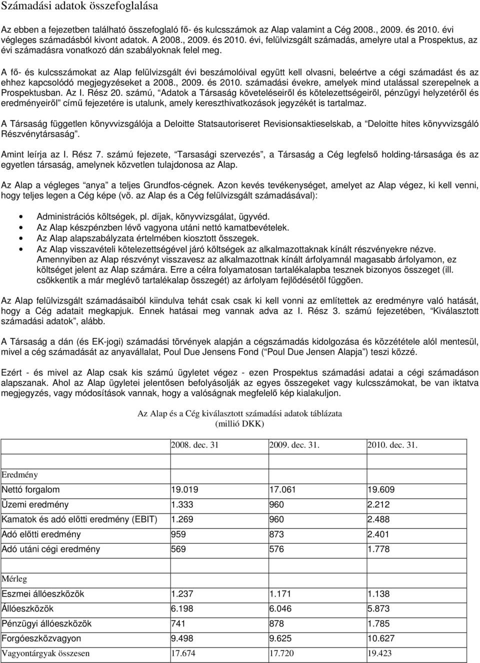 A fő- és kulcsszámokat az Alap felülvizsgált évi beszámolóival együtt kell olvasni, beleértve a cégi számadást és az ehhez kapcsolódó megjegyzéseket a 2008., 2009. és 2010.