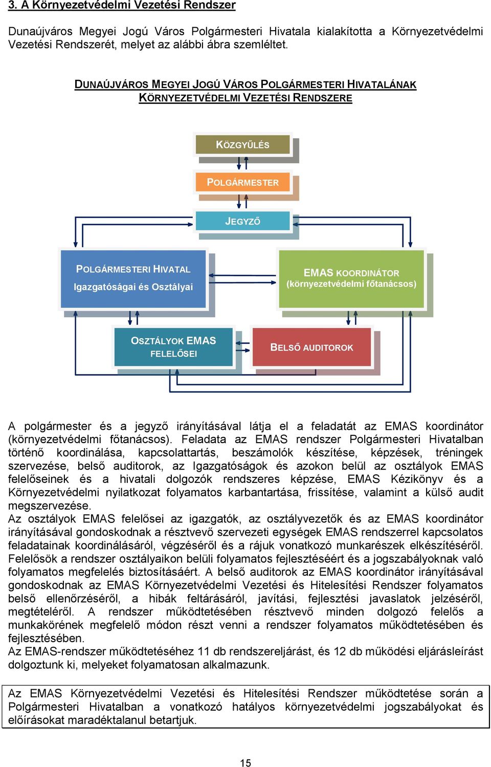 (környezetvédelmi főtanácsos) OSZTÁLYOK EMAS FELELŐSEI BELSŐ AUDITOROK A polgármester és a jegyző irányításával látja el a feladatát az EMAS koordinátor (környezetvédelmi főtanácsos).