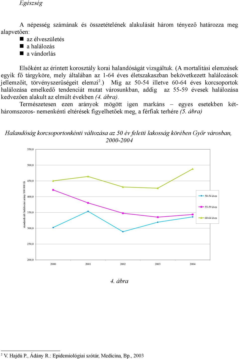 ) Míg az 50-54 illetve 60-64 éves korcsoportok halálozása emelkedő tendenciát mutat városunkban, addig az 55-59 évesek halálozása kedvezően alakult az elmúlt években (4. ábra).