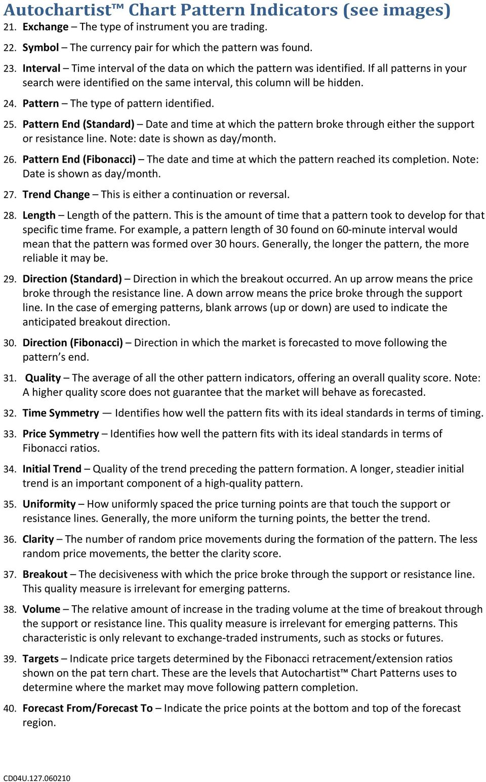 Pattern The type of pattern identified. 25. Pattern End (Standard) Date and time at which the pattern broke through either the support or resistance line. Note: date is shown as day/month. 26.