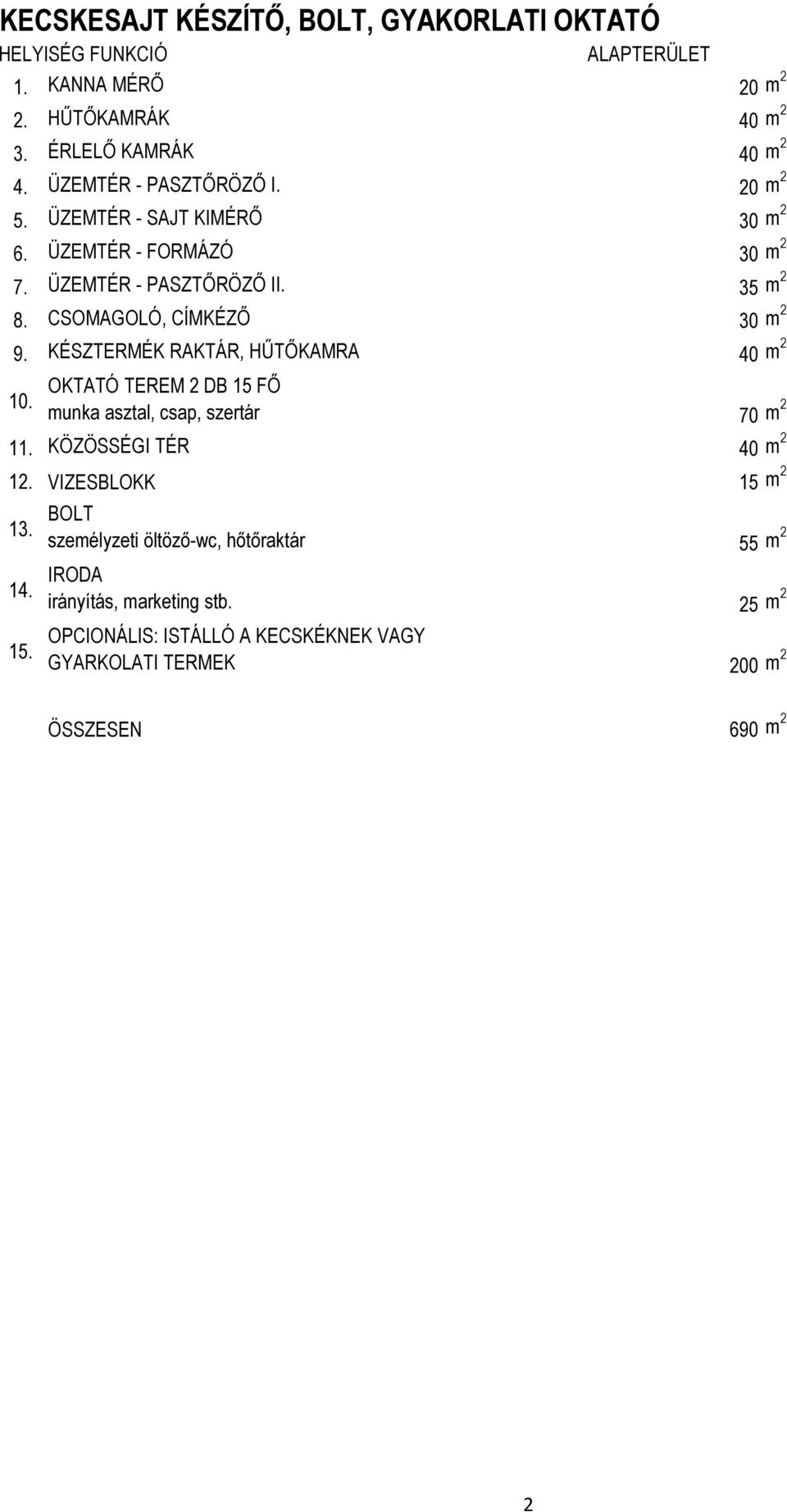 KÉSZTERMÉK RAKTÁR, HŰTŐKAMRA 40 m 2 10. munka asztal, csap, szertár 70 m 2 11. KÖZÖSSÉGI TÉR 40 m 2 12. VIZESBLOKK 15 